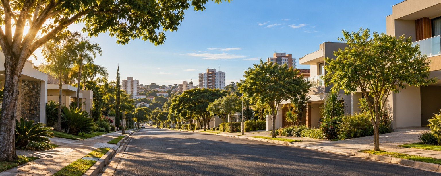 Rua arborizada com casas e prédios em Rio Claro