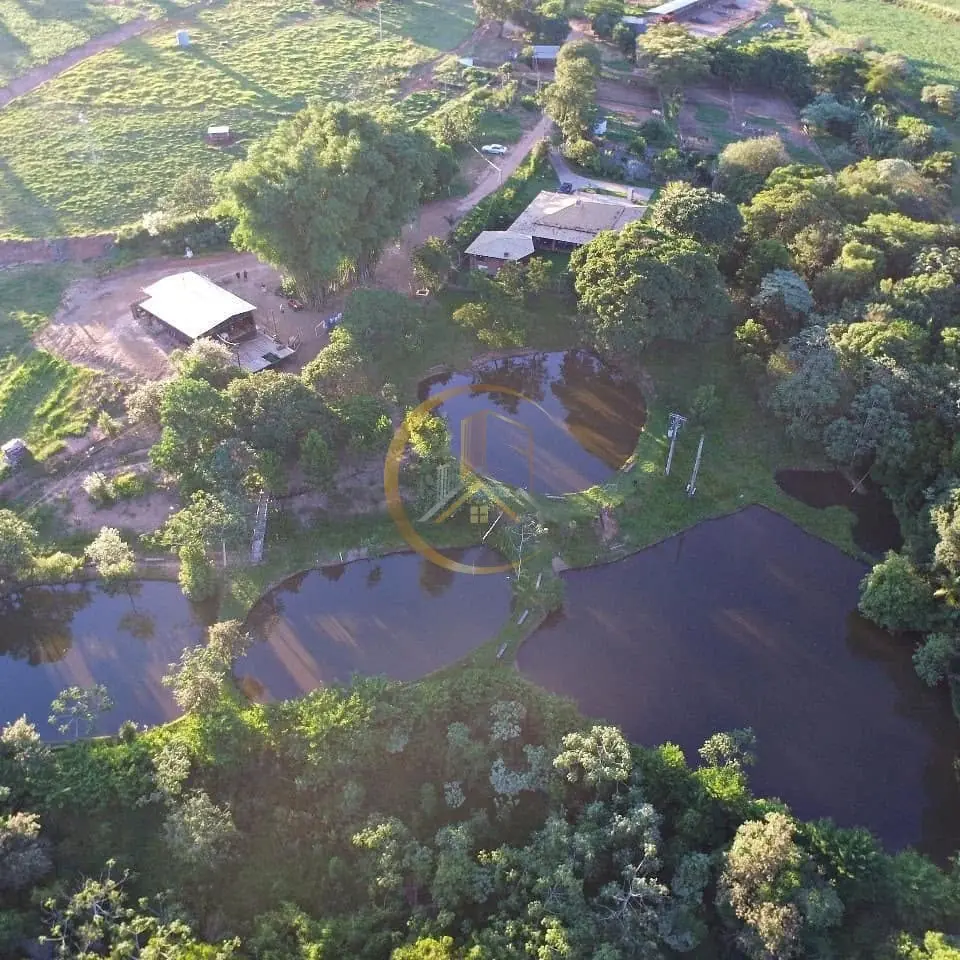 Vista aérea dos tanques e das construções entre árvores do sítio à venda em Torrinha/SP